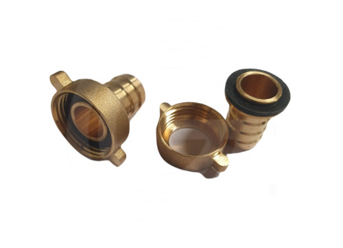 Brass hose connector with union nut and flat seal.